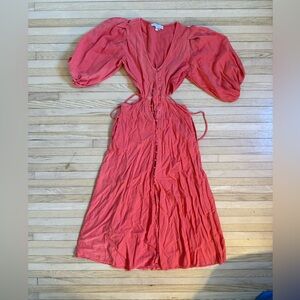 Young Fabulous & Broke Coral Puff Sleeve Midi Dress with cut out